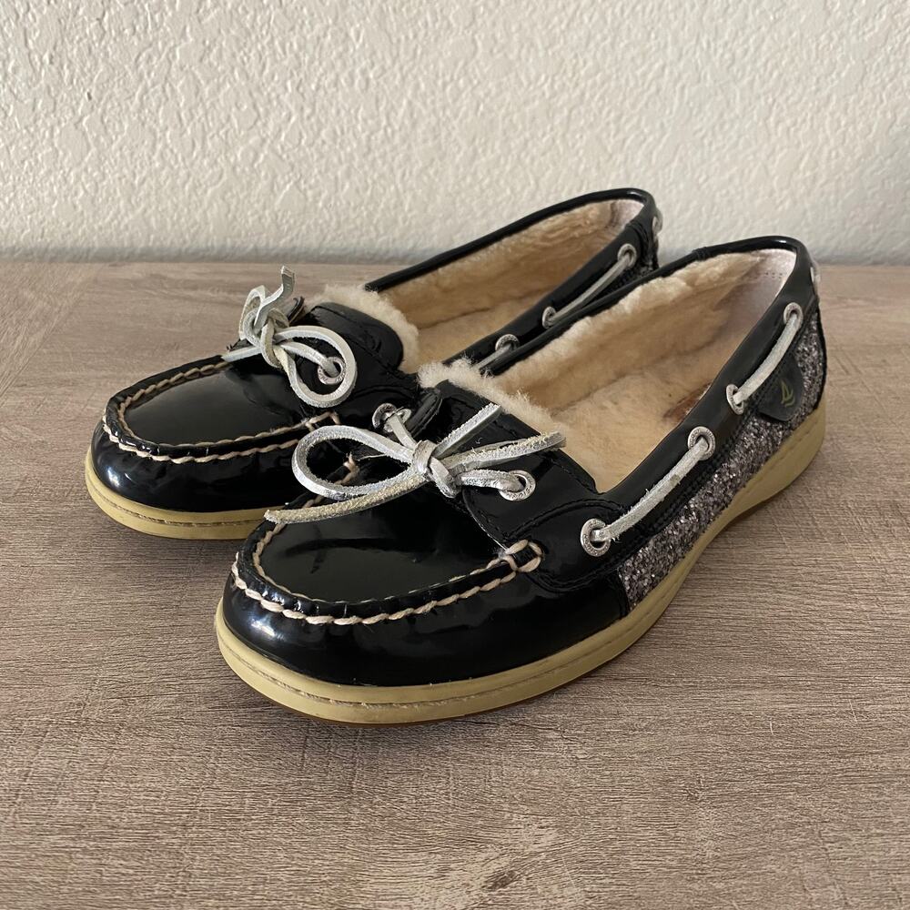 Sperry Womens Sheep Wool Lined Glitter Black Patent Leather Boat Shoes 6.5M
